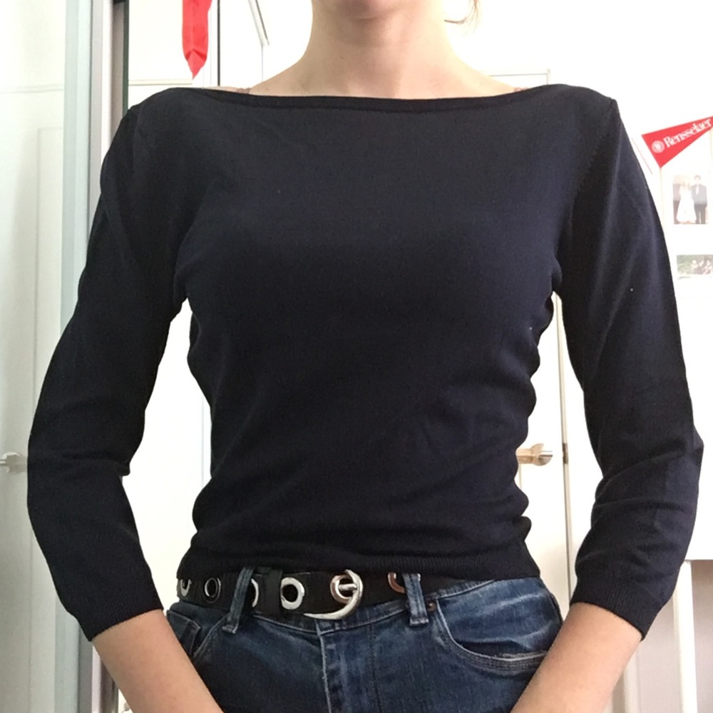 Mid-Sleeve Navy Blue Boat Neckline Sweater